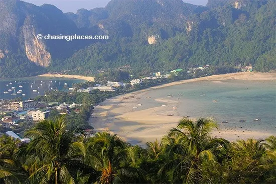 The twin bays and limestone hills of Koh Phi Phi viewed from the island viewpoint