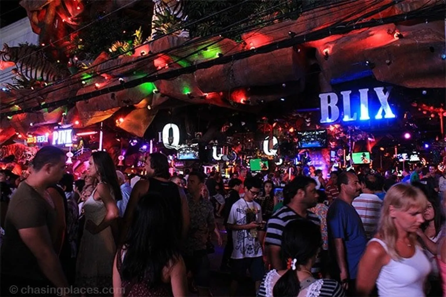 A very mixed crowd in front of a bar on Bangla Rd.