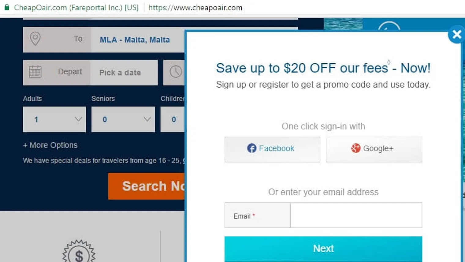 If you sign up for an account on CheapOair, you will get a promo code , which you can use to get a discount on your flight.