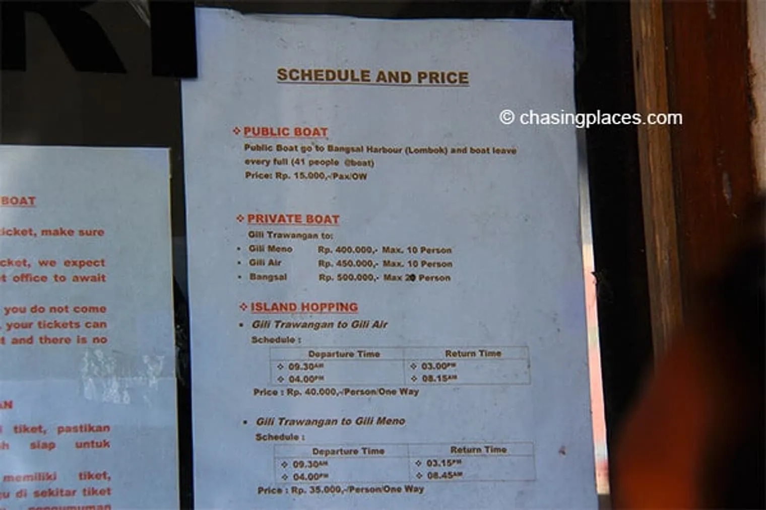 The schedule and costs of boat transfers from Gili Trawangan.