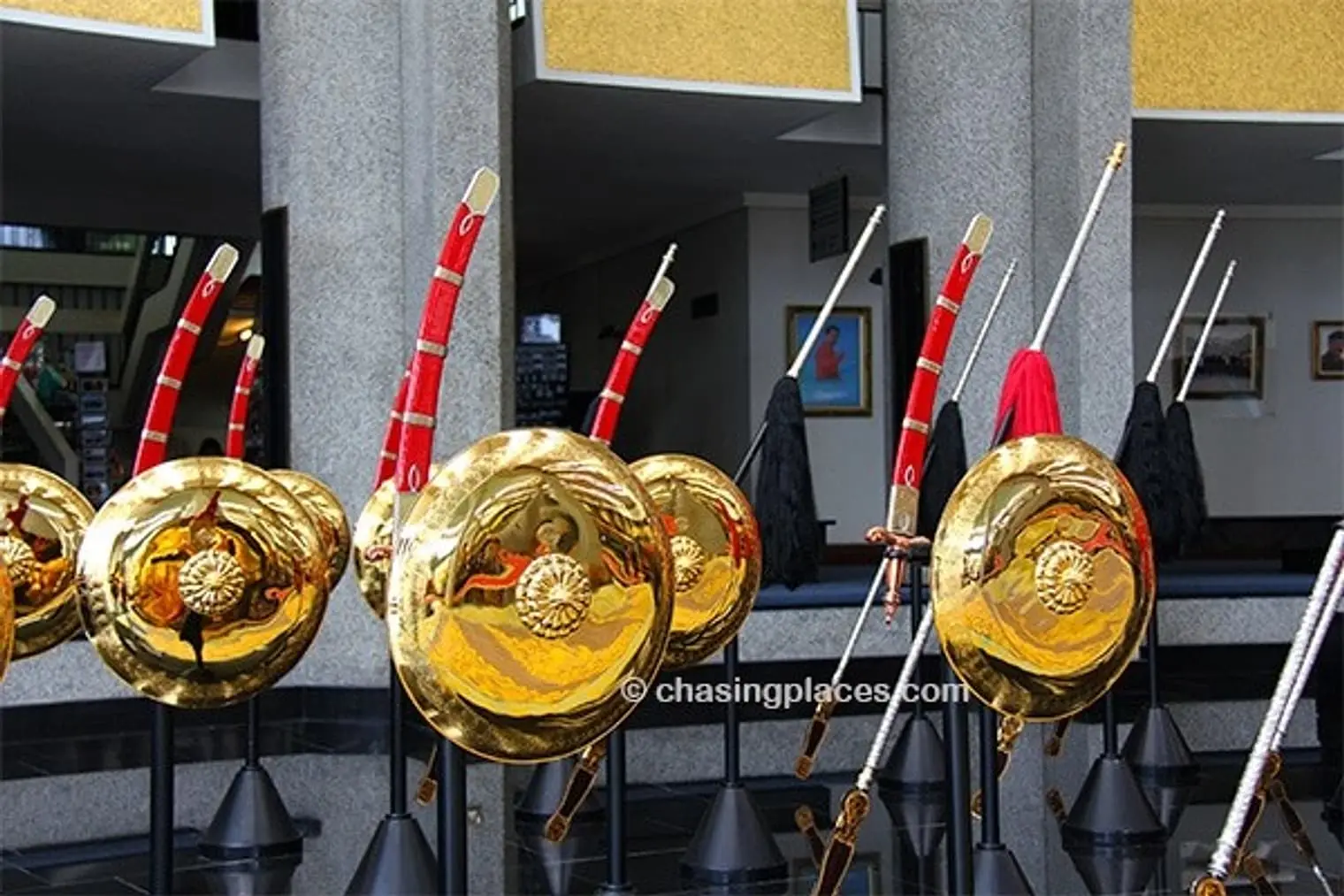 The carefully polished shields and swords in the Royal Regalia Museum