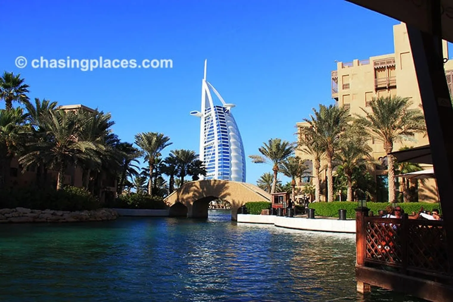 A gorgeous view of the world-class hotel Burj Al Arab from the outside grounds of Souk Madinat Jumeirah