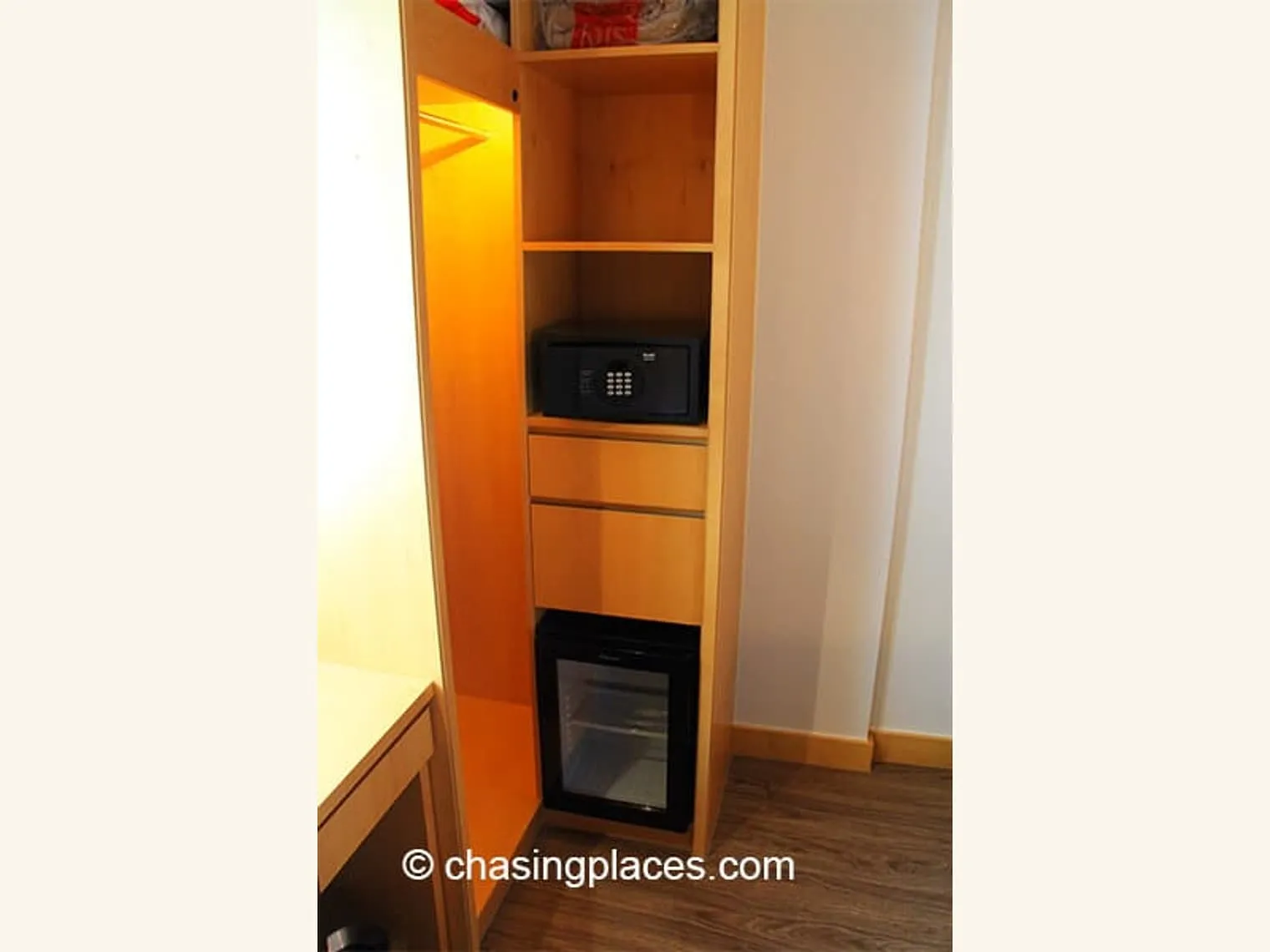 There is also a small fridge in the room.