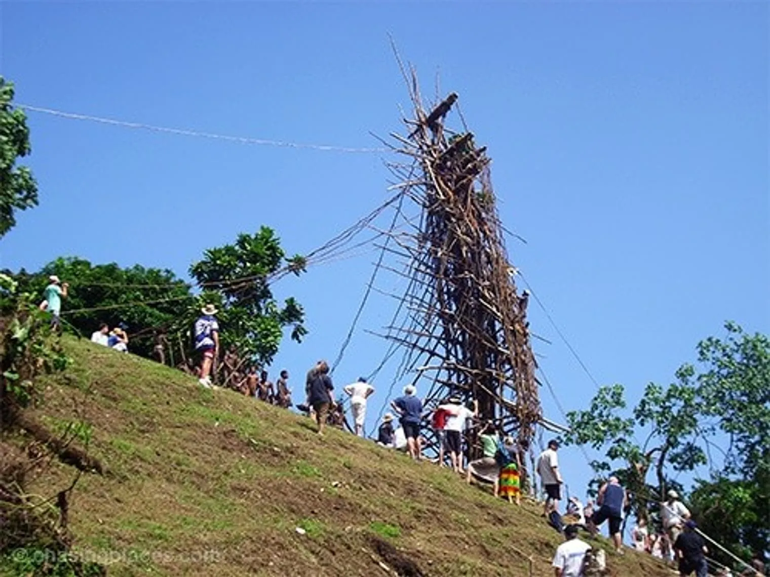 A crowd gathering around the Land Diving Tower