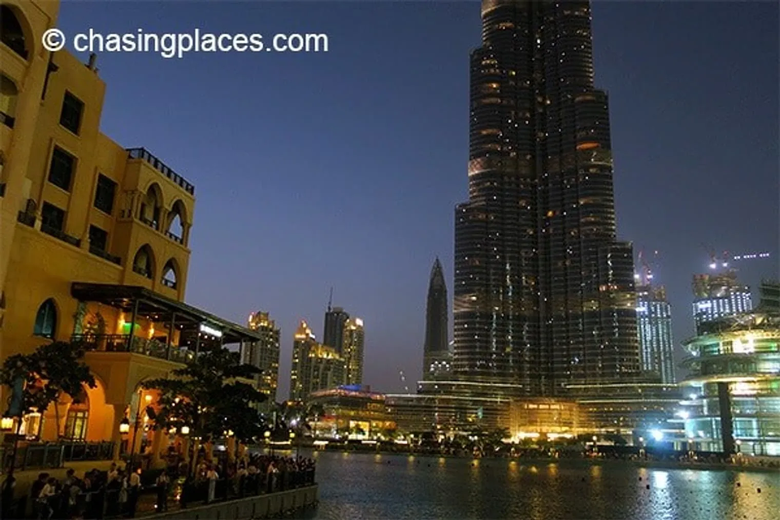 The Dubai Fountain with the Burj Khalifa in the background.