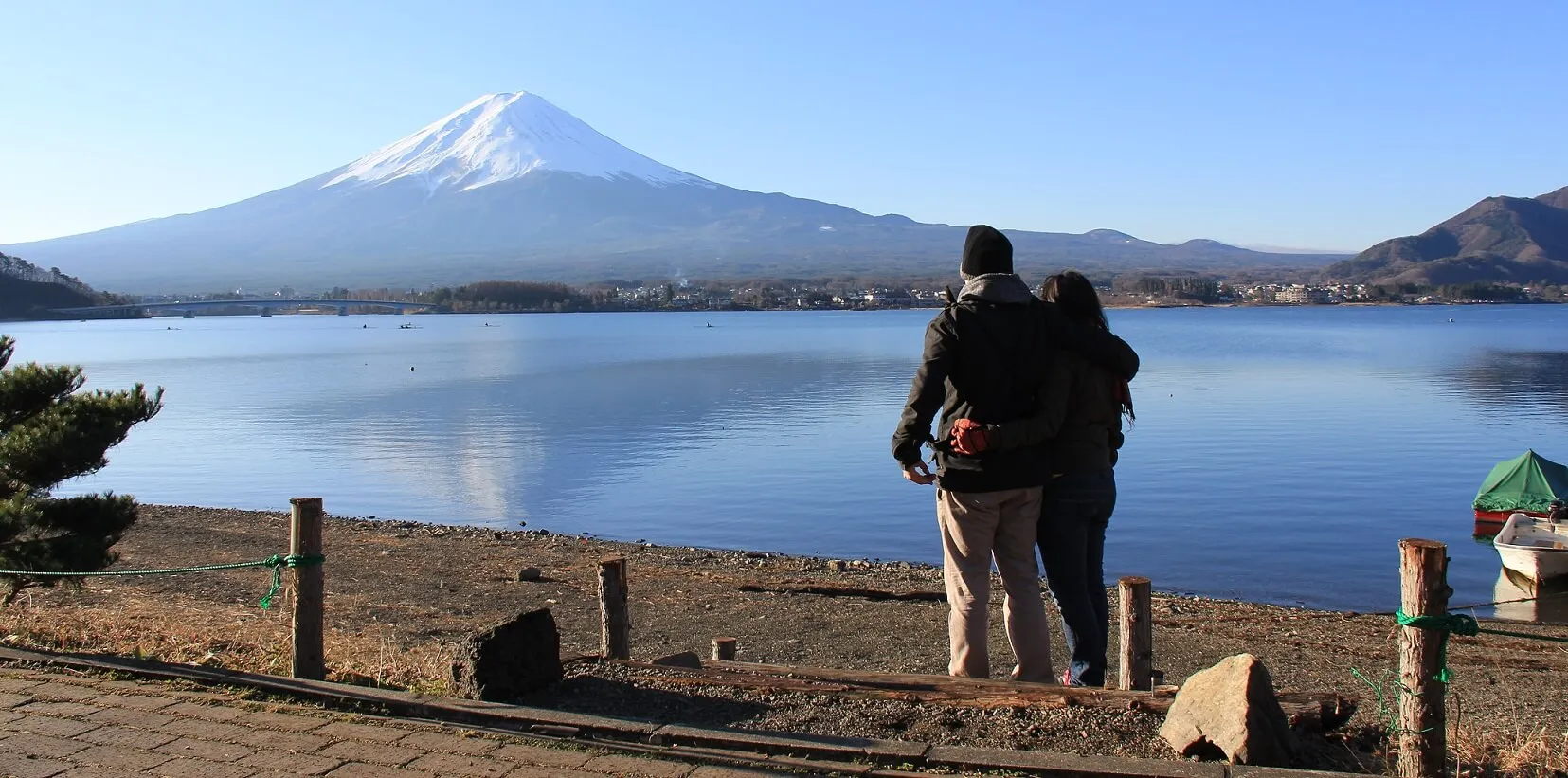 Pat and Josh by the lake with Mount Fuji behind them