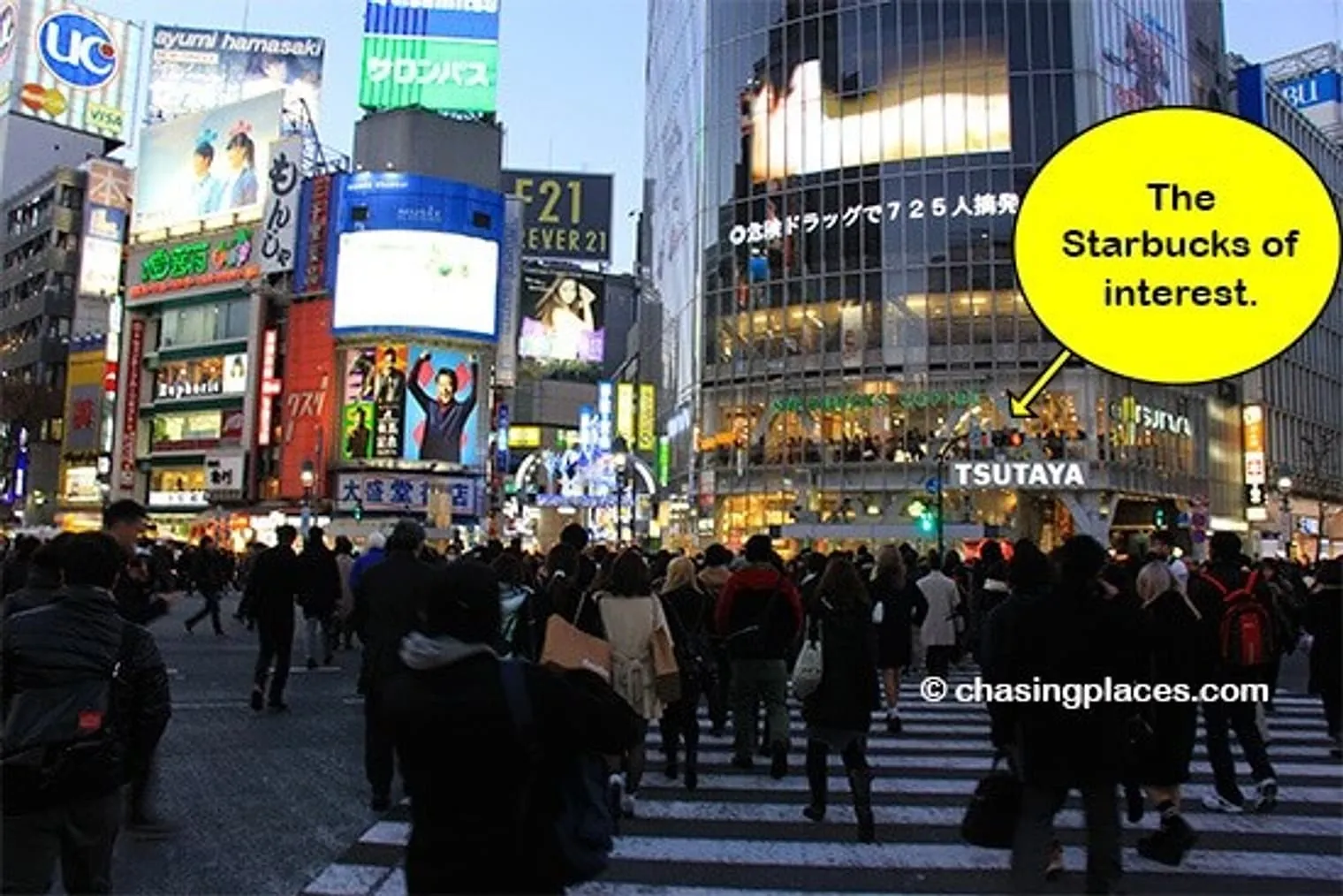 Look closely and you will find the Starbucks prominently perched overlooking Shibuya Crossing, Tokyo