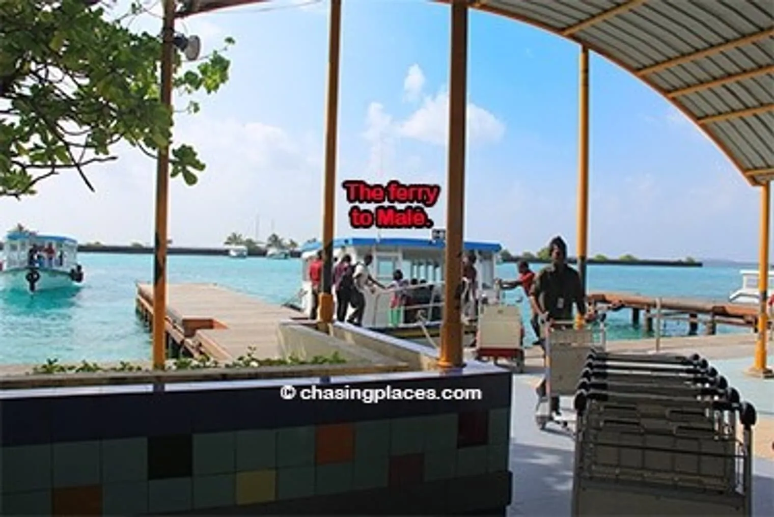 About 30 meters from the ticket counter you will find the ferry heading to Male from the Maldives International Airport.