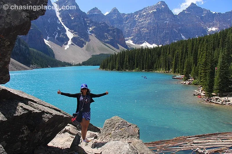 Pat with arms wide open at Moraine Lake, Canada