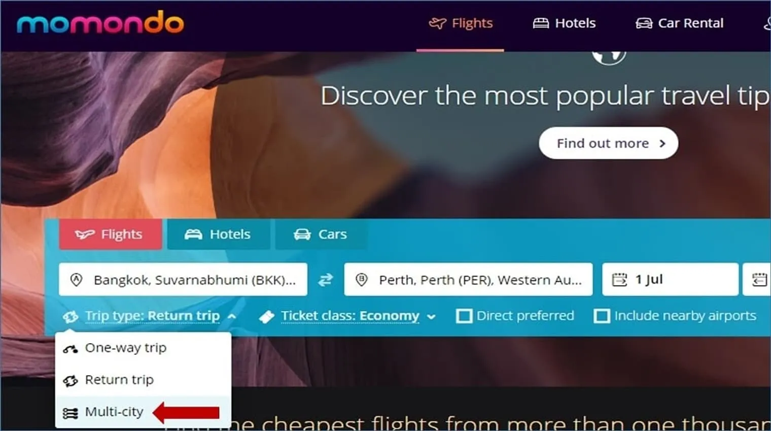 When using sites like Momondo, choose the “Multi-city” option for the type of trip. Refer to the red arrow in the image above.